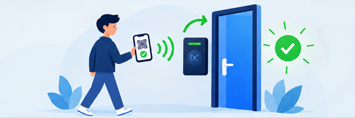 Invité présentant son QR code à la caméra installée sur la porte